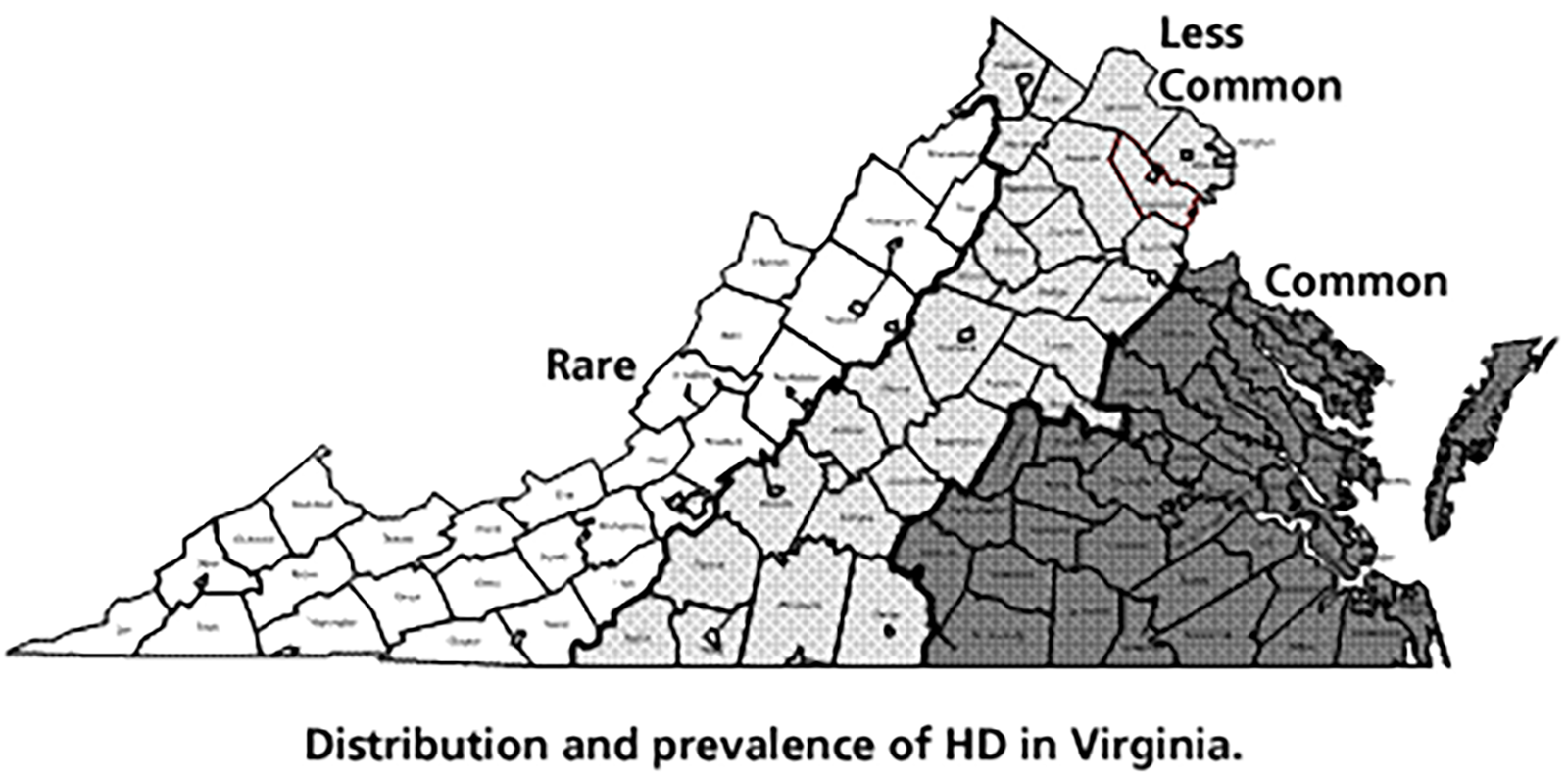 Virginia کا نقشہ جو Virginia میں ایچ ڈی کی تقسیم اور پھیلاؤ کو ظاہر کرتا ہے