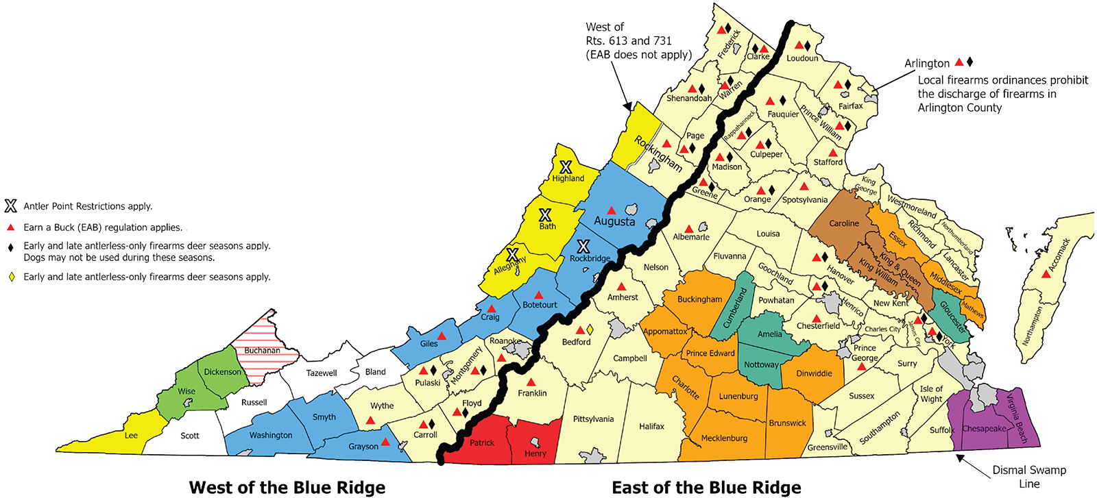 A map of Virginia's firearms deer seasons on private lands. See text that follows for a description.